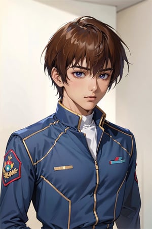 Tips: (Extremely detailed CG uniform 8k wallpaper, masterpiece, top quality, super detailed), male anime character wearing navy blue uniform, 1boy, male focus, handsome face, brown short straight hair, solo, Gundam ZAFT Uniform, Trend Artstation, Fantasy 00d, Mature, Mature,solo male kira yamato,military uniform,1guy