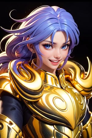 (Extremely detailed CG uniform 8k wallpaper, masterpiece, best quality, super detailed), a male anime character wearing golden armor, in a picture showing his outfit, 1boy, golden armor, male focus, handsome face , purple wave shawl long hair, armor, solo, zoom layer, Aries armor cloud, trending on Artstation, fantasy00d, saint