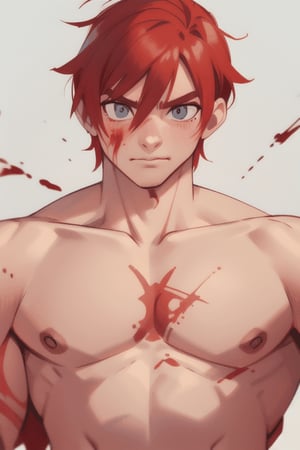 Red hair, tatoo, blue eyes, muscles, blood