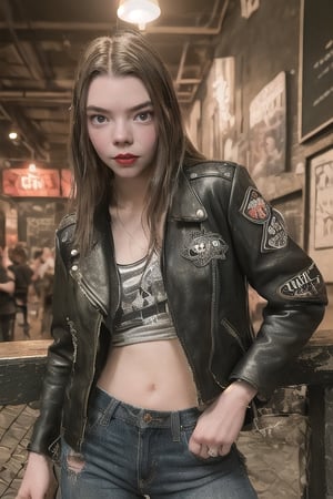 (masterpiece, high quality, 8K, high resolution), grunge style, mystical atmosphere, ultra detailed illustration, incredibly beautiful Anya Taylor, light brown hair, bright brown eyes, black leather jacket with punk patches, loose low-cut t-shirt V, old worn out jeans, skater sneakers, rock bar background, vampire elements, gothic details, relaxing poses, portrait