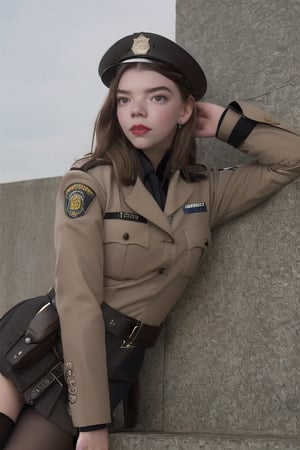 (masterpiece, high quality, 8K, high resolution), (dressed as a police officer), ultra detailed illustration, incredibly beautiful Anya Taylor, light brown hair, bright brown eyes, relaxing poses, portrait