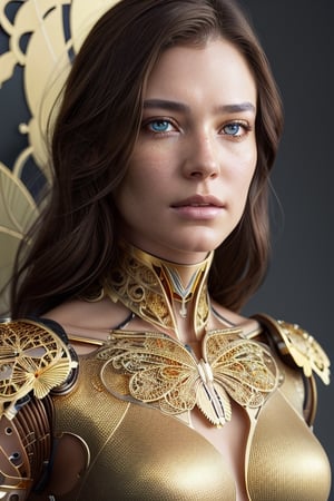 photo, 8k portrait of beautiful cyborg with brown hair, intricate, realistic eyes, elegant, highly detailed, majestic, digital photography, art by artgerm and ruan jia and greg rutkowski surreal painting gold butterfly filigree, broken glass, (masterpiece, side lighting, finely detailed beautiful eyes: 1.2), hdr, realistic, high definition