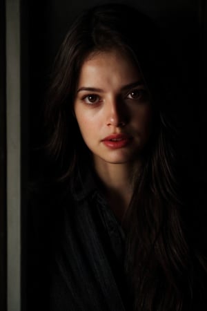 Hyperrealistic full body photo of Agatha Moreira, realistic face, realistic eyes, looking at a closed door with an expression of fear and anxiety. The light is dark and menacing, creating an atmosphere of suspense. The image should convey the tension and fear that the character is feeling. Cinematic style.