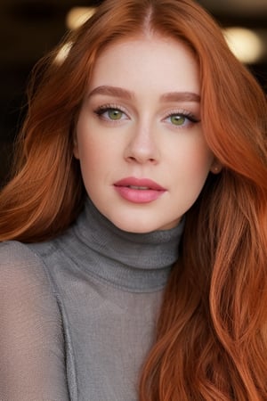 Close up of marinarb woman, realistic and detailed face, , realistic red-hair, makeup, detailed skin texture, (light bokeh)+, gray turtleneck blouse,