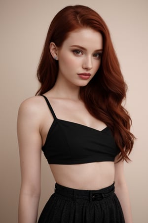 hyperrealistic portrait of Madelaine Petsch, from the waist up, focusing on her facial details and makeup. She has a confident expression, her eyes enhanced with black eyeliner and voluminous mascara, and lips painted with a bold red lipstick. The lighting is soft, highlighting the texture of her skin, with natural shadows and lights that create depth. The colors are vibrant and realistic, conveying the quality of a professional photograph. 