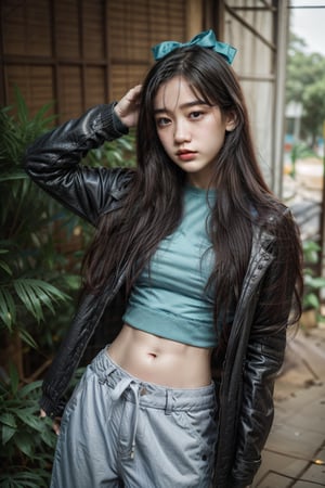 Honey,HoneyNwayOo,HanNiNwayOo,A young woman with long black hair, wearing a shirt, a jacket, and light blue pants with a bow.(poses:random)

[Photorealistic portrait, inspired by the work of Peter Lindbergh and Annie Leibovitz, with a touch of naturalism reminiscent of Steve McCurry], [Shallow depth of field, 50mm lens, natural lighting, soft shadows, muted color palette, subtle grain, textured background, realistic rendering]