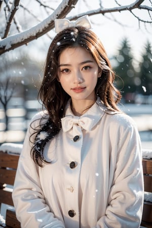 best quality,HDR,UHD,8K,Vivid Colors,solo,photo_,(1girl:1.3),(standing:1.3),(looking at viewer:1.4),Elegant,detailed gorgeous face,(upper body:1.2),bright,(snowing background:1.2),(pale skin:1.4),,Twinkle,pink coat,fur collar,bow,Relax your mind, relax your expression,smile