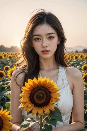  A beautiful woman. Sunflower field. Best Quality, Crazy Details and Sharp Focus, Masterpiece, Professional, Award Winning, Fine Detail, High Detail, UHD, 64k, Soft Look