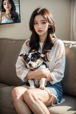 portrait of a girl name atika, full body in frame, round face, Indian bengali girl, Instagram influencer, black long hair, glossy juicy lips,blue eyes cute, kurti, 18-year-old girl, wearing casual clothes, on the couch at home, cuddling with super cute dog, very innocent dog in her hands