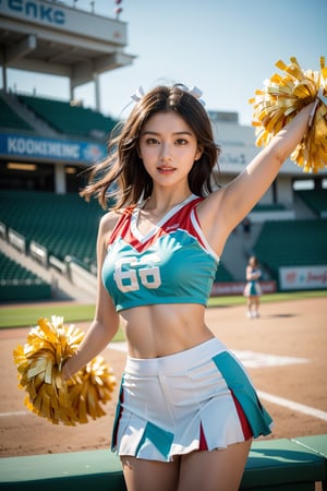 Maximalism, masterpiece, top quality, 8k, high resolution, super detailed, absurd, vivid contrast, insanely detailed,
BREAK
1girl, (Beautiful face, brightly colored shining eyes, clear skin, smile, shiny hair: 1.2),
BREAK
(cheerleader:1.4),
BREAK
baseball stadium,girl,watercolor