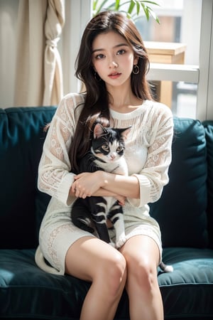 same face girl name aria, full body in frame, round face, Indian bengali girl, Instagram influencer, black long hair, glossy juicy lips,blue eyes cute, kurti, 18-year-old girl, wearing casual clothes, on the sofa at home, cuddling with super cute kitten, very innocent kitten in her hands
