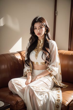 beautiful cute young attractive indian, village girl, 28 years old, cute, Instagram model, long black_hair, colorful hair, warm, dacing, in home sit at sofa, indian, wearing Indian traditional clothes hand full of mahindi