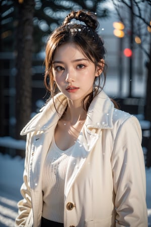 best quality,HDR,UHD,8K,Vivid Colors,solo,photo_,(1girl:1.3),(standing:1.3),(looking at viewer:1.4),Elegant,detailed gorgeous face,(upper body:1.2),bright,(snowing background:1.2),(pale skin:1.4),,Twinkle,pink coat,fur collar,bow,Relax your mind, relax your expression