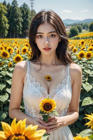  A beautiful woman. Sunflower field. Best Quality, Crazy Details and Sharp Focus, Masterpiece, Professional, Award Winning, Fine Detail, High Detail, UHD, 64k, Soft Look