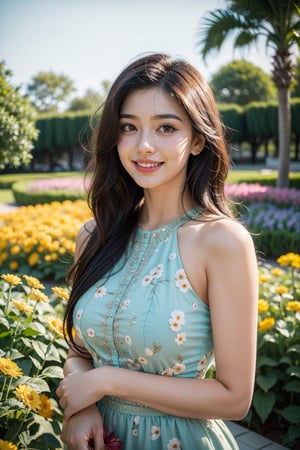 beautiful cute young attractive indian girl, village girl, 20 years old, cute,  Instagram model, long black_hair, colorful hair, smiling, warm, flower garden , blue dress 