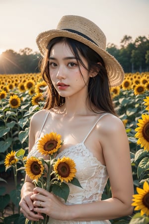  A beautiful woman. Sunflower field. Best Quality, Crazy Details and Sharp Focus, Masterpiece, Professional, Award Winning, Fine Detail, High Detail, UHD, 64k, Soft Look