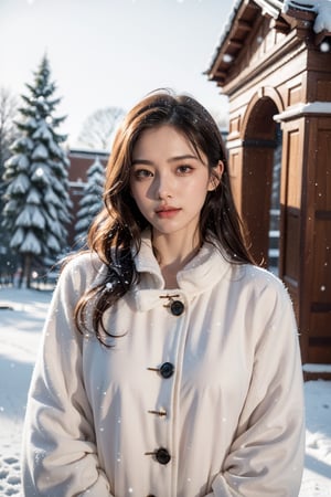 best quality,HDR,UHD,8K,Vivid Colors,solo,photo_,(1girl:1.3),(standing:1.3),(looking at viewer:1.4),Elegant,detailed gorgeous face,(upper body:1.2),bright,(snowing background:1.2),(pale skin:1.4),,Twinkle,pink coat,fur collar,bow,Relax your mind, relax your expression,smile