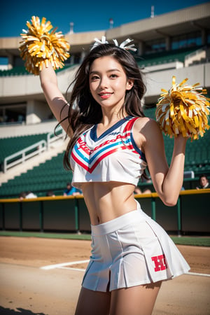 Maximalism, masterpiece, top quality, 8k, high resolution, super detailed, absurd, vivid contrast, insanely detailed,
BREAK
1girl, (Beautiful face, brightly colored shining eyes, clear skin, smile, shiny hair: 1.2),
BREAK
(cheerleader:1.4),
BREAK
baseball stadium,girl,watercolor