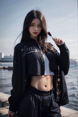 4k,best quality,masterpiece,20yo 1girl,(black suit and pants, alluring smile, head ornaments 

(Beautiful and detailed eyes),
Detailed face, detailed eyes, double eyelids ,thin face, real hands, muscular fit body, semi visible abs, ((short hair with long locks:1.2)), black hair, aurora background, painted brush ink background


real person, color splash style photo,
