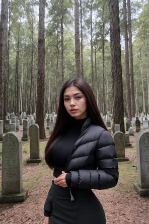 create hyper realistic Latina woman, wearing a black puffer jack
and wearing A tight skirt ,straight brunette hair hangs down over her ,photo of perfecteyes eyes,hannaaqeela,forest cemetery background,half body photo