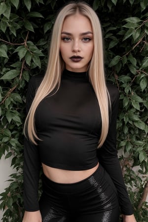 sluty 10  years witch, kid face, glittery eyes, blonde straight hair, looking_at_viewer, perfect eyes,detailed skin, black sexy tshirt, she is in a bush, black yoga pants,Read description!