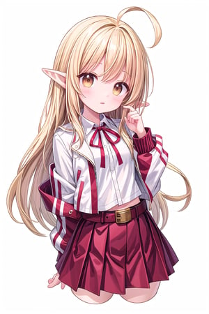 1girl, solo, pointy_ears, long_hair, skirt, white_background, ahoge, cropped_jacket, smile, simple_background, long_sleeves, blonde_hair, looking_at_viewer, red_skirt, white_jacket, jacket, shirt, closed_mouth, pleated_skirt, bangs, hand_up, cowboy_shot, brown_eyes, striped, puffy_sleeves, arm_behind_back, blush, parted_bangs, neck_ribbon, striped_skirt, elf, belt