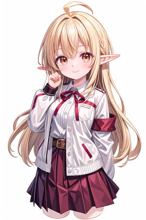 1girl, solo, pointy_ears, long_hair, skirt, white_background, ahoge, cropped_jacket, smile, simple_background, long_sleeves, blonde_hair, looking_at_viewer, red_skirt, white_jacket, jacket, shirt, closed_mouth, pleated_skirt, bangs, hand_up, cowboy_shot, brown_eyes, striped, puffy_sleeves, arm_behind_back, blush, parted_bangs, neck_ribbon, striped_skirt, elf, belt