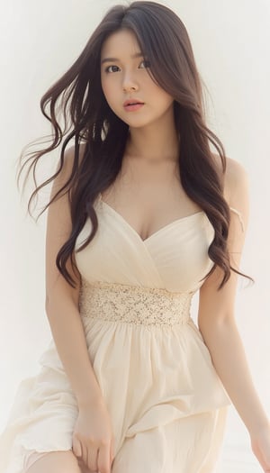 a young woman with long dark brown hair, beautiful young woman wearing sundress, white background