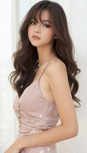 a young woman with long dark brown hair, beautiful young woman wearing sundress, white background