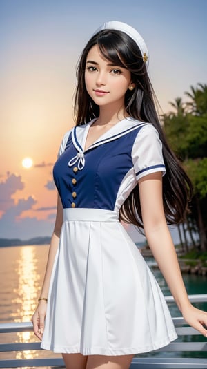 A cinematic masterpiece! 

In a stunning photorealistic image, we find ourselves gazing upon a breathtakingly beautiful young woman clad in a majestic sailor uniform, ((sailor dress))). Her long, curly black hair cascades down her back like a waterfall of night, framing her porcelain complexion. Her eyes sparkle with an air of mystery as she faces the viewer, her expression a perfect blend of whimsy and curiosity.

The lighting is nothing short of divine, casting a warm glow over her entire being, while the surrounding atmosphere is bathed in a soft, ethereal blue hue. The sailor uniform itself is a masterclass in colorful design, featuring intricate patterns and embroidery that seem to dance across its surface.

Jewelry adorns her neck, a sparkling focal point amidst the sea of serenity surrounding her. Random bursts of color punctuate the background, like fireflies lighting up the night sky. Her full-body pose exudes confidence and poise, as if she's ready to set sail on an adventure at any moment.

In this image, we're treated to a feast for the eyes - a true masterpiece that will leave you mesmerized by its sheer beauty and attention to detail.