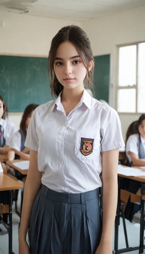 Ultra-detailed masterpiece of a young woman in her 20s, standing tall in front of a classroom with an expressionless gaze. Her flawless, lustrous skin glistens under the realistic8K UHD lighting. Wearing a school uniform, which sag ever so slightly due to their impressive size. Her delicate face features finely detailed beautiful eyes, glossy lips, and a subtle blush on her cheeks. The camera's solo focus captures every intricate detail, from the strands of her hair to the creases in her skin. Shot in high definition with a 1:2 aspect ratio, this stunning image is a true masterpiece.,SH