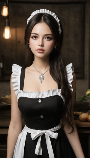 maid's outfit and apron, Long hair cascades down her back, adorned with a hair ornament that catches the light. Her eyes lock onto the viewer, radiating a sense of subtle seduction. The diamon necklace around her neck glimmers, as if reflecting the faint glow from an unseen source. Ray-traced highlights dance across her features, emphasizing the intricate details of this tantalizing tableau.