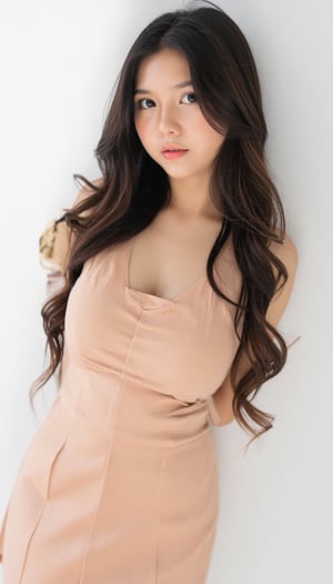 a young woman with long dark brown hair, beautiful young woman wearing sundress, white background