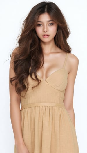 a young woman with long dark brown hair, beautiful young woman wearing sundress, white background