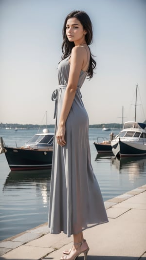 a expressive woman, silk dress in a soft grey fleece material.,Calm sky with sailboats on the horizon,Middle Ages,Grunge style Textured distressed vintage edgy punk rock vibe dirty noisy,style by Misha Gordin,bokeh professional 4k highly detailed,Fujichrome Provia 100F,split lighting,ruanyi0214,see-through