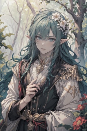 (masterpiece), best quality, highly detailed, 8k, 1guy, an elf, handsome, long green hair, wearing a flower crown, in the middle of a forest, vibrant colors, warm light, vibrant and lively atmosphere, surrounded by a variety of colorful flowers, gentle breeze, captivating and enchanting scenery.