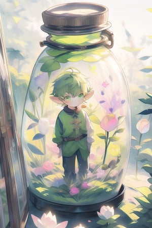 (masterpiece), glitter, JAR, boy, an elf, short green hair, cute, green eyes, full body, cute, watercolor, pastel colors, soft light, surrounded by a variety of colorful flowers, gentle breeze, captivating and enchanting scenery,1boy