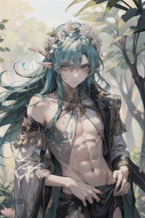 (masterpiece), best quality, highly detailed, 8k, a guy, a male, an elf, full body, face staring into the viewers, flowing movement, handsome, sexy face expression, long green hair, wearing a flower crown, beautiful eyes, shirtless, wearing a thong, in the middle of a forest, vibrant colors, soft lighting, warm light, vibrant and lively atmosphere, peaceful ambiance, surrounded by a variety of colorful flowers, gentle breeze, captivating and enchanting scenery.