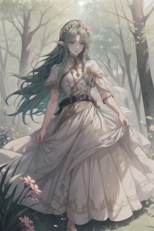 (masterpiece), best quality, highly detailed, 8k, a guy, a male, an elf, full body, face staring into the viewers, flowing movement, handsome, long green hair, wearing a flower crown, beautiful eyes, in the middle of a forest, vibrant colors, warm light, vibrant and lively atmosphere, surrounded by a variety of colorful flowers, gentle breeze, captivating and enchanting scenery.