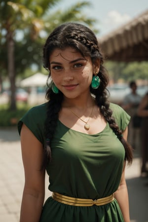 1girl, solo, long hair, smile, black hair, hair ornament, dress, jewelry, standing, braid, earrings, outdoors, day, dark skin, necklace, blurry, bracelet, dark-skinned female, cosplay, single braid, blurry background, facial mark, realistic, green shirt, photo background,Reshmi nair 