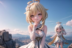 A majestic shot of Lumine and Paimon standing together on a cloud-soft precipice within the breathtaking Celestia, set against a vibrant blue sky of Genshin Impact. The duo's whimsical poses and smiling faces radiate warmth as they gaze out at the endless expanse of clouds, with the sun casting a gentle glow upon their joyful moment.