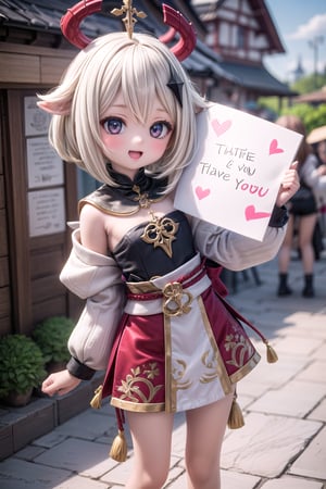 Paimon, a 10 years young girl, cheeky and sweet, ((holding a sign with the inscription "Thank you ♥️♥️♥️" written in Khaenri'ah)) in the beautiful city of Mondstadt in Genshin Impact
