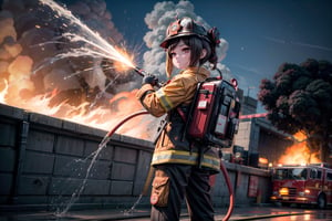 chiori, the fire chief, stands next to her fire truck in full firefighter uniform: helmet, coat, trousers and gloves. She grips a powerful fire hose as she fights the fire. The camera captures her from a medium shot, with the fiery inferno in the background, casting a warm, orange light on her determined face. show yourself to me in full firefighter uniform