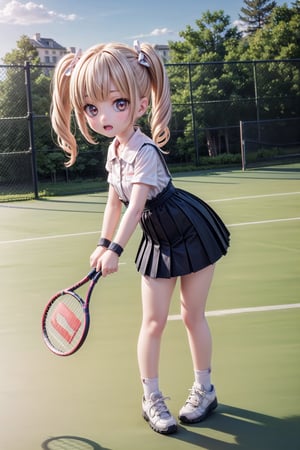 1girl, Barbara_Impact, scenery, extreme adorable girl, cutie, tiny girl, hyper realistic, highres, photography, photorealistic scene, real life, realism pushed to extreme, in France, a very realistic summer morning, (Barbara, we are in Paris now. Let's play a bit tennis on the tennis court. Try to hold the tennis racket correctly!), extreme realistic facial expression on an very realistic moment, highly detailed, cutest Barbara Style, 