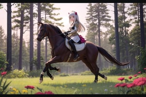 noelledef, a champion equestrian, sits majestically on her horse, surrounded by lush greenery and vibrant wildflowers. Framed against a warm golden sunset, the scene is bathed in soft, natural light. The camera captures every intricate detail of Noelle's face, her bright smile shining like a beacon as she gazes confidently forward. Her horse's mane flows like silk in the gentle breeze, its muscles rippling beneath its sleek coat. The background, a tapestry of rolling hills and towering trees, is meticulously rendered in 32k UHD, with each blade of grass and leaf perfectly defined. The overall image exudes an air of elegance, sophistication, and triumph, as if frozen in the midst of a triumphant ride.