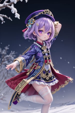 (full body of Qiqi_impact), 1girl, solo_female, in snow, purple eyes, full_body, purple headwear, hat, purple hair, hair between eyes, better hands, flat_background, chinese clothes, bandaged leg, bead necklace, coin hair ornament, dress, white thighhighs, blurry_background,