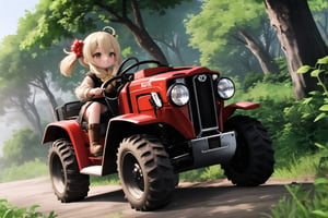 In a whimsical tableau, Klee, her mischievous smile gleaming, grasps the controls of a high-tech ultralight tractor amidst lush Teyvat foliage, its path marked by a trail of destruction. The camera's low vantage point emphasizes the vehicle's robust build and Klee's diminutive stature. Soft, golden light illuminates the juxtaposition between the industrial behemoth and Klee's tousled appearance, her scrappy spirit on full display.