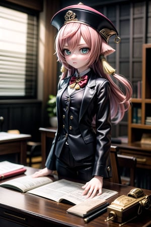 A solemn-faced yanfeidef stands tall in a dimly lit courtroom, her eyes piercing through the shadows as she holds aloft a gavel. Her dark suit and stern expression command respect, as if ready to dispense wisdom and justice. The wooden desk behind her is cluttered with files and papers, while the walls are adorned with ancient legal texts. photorealistic,