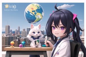 Vibrant pink and blue hues dominate the frame as Little Hotafodef and Little Clorinde, dressed in matching lab coats, pose like Pinky and the Brain. Pinky's (Hotafodef) goofy grin stretches across her face, while Brain's (Clorinde) eyes gleam with genius-level intensity. A cityscape background fades into the distance, with a giant globe and scientific instruments scattered about. The dynamic duo's paws grasp a miniature world map, as if plotting their next diabolical scheme.