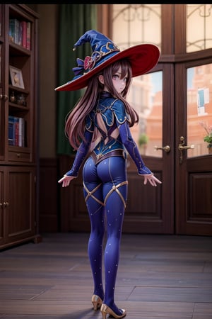 Mona_Impact, full_body, 25 years old girl, blurry_background, show me your back, witch hat,